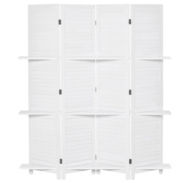 4-Panel Wall Partition Room Separator with 3 Storage Shelves Foldable Design Wooden Frame 5.6FT White