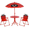 Kids Folding Picnic Table and Chair Set Pattern Outdoor Garden Patio Backyard with Removable & Height Adjustable Sun Umbrella Red