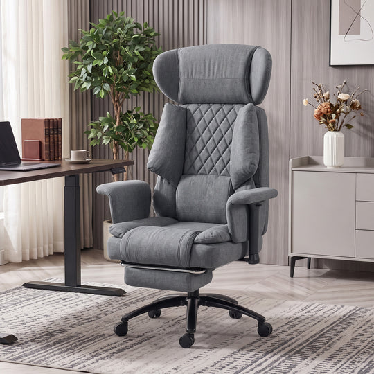 495LBS Heavy Duty Office Chair with Footrest, Lumbar Support, Spring Cushion, Height Adjustable, Grey