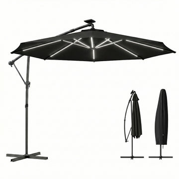10 ft Offset Patio Umbrella with Solar Light, Garden Hanging Parasol with 360° Rotation, Tilt, Cover, Black