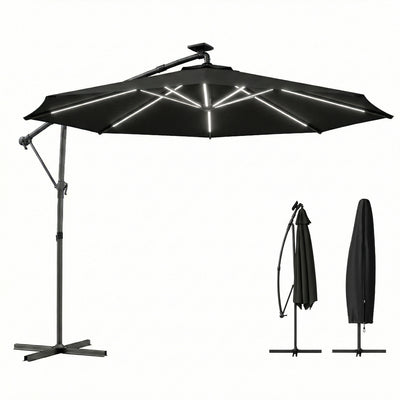 10 ft Offset Patio Umbrella with Solar Light, Garden Hanging Parasol with 360° Rotation, Tilt, Cover, Black