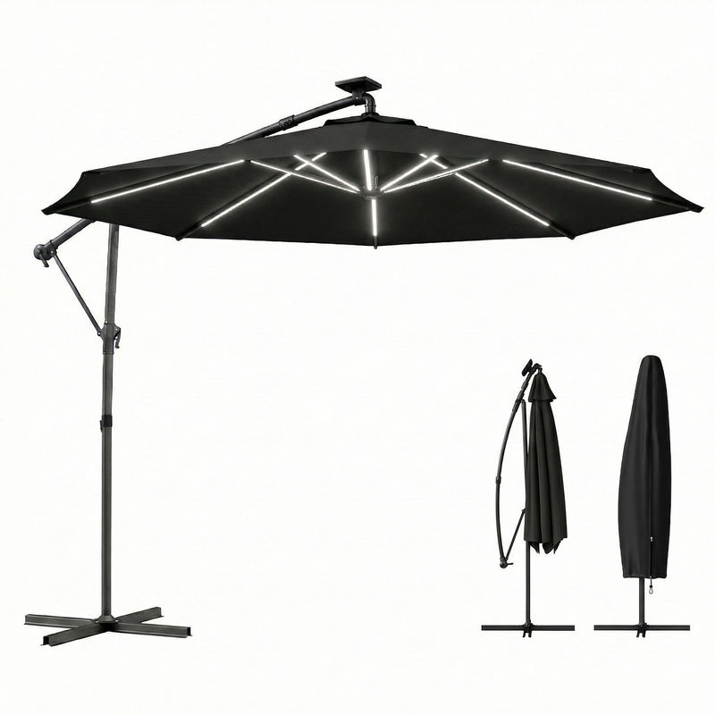 10 ft Offset Patio Umbrella with Solar Light, Garden Hanging Parasol with 360° Rotation, Tilt, Cover, Black