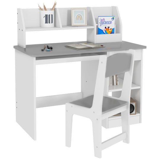 Kids Desk and Chair Set for 5-8 Year Old with Storage, Study Table and Chair for Children, Grey