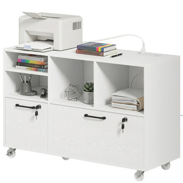 File Cabinet, 2 Drawer Mobile Lateral Filing Cabinet Printer Stand with Lock, Charging Station, Hanging Bars, White
