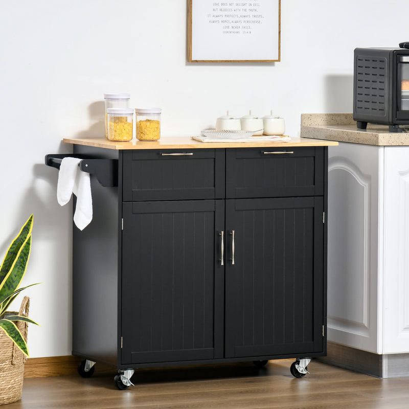 Rolling Kitchen Island with Storage Drawers, Kitchen Cart with Rubber Wood Top, Cabinet & Towel Rack, White