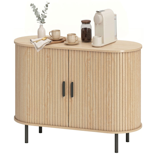 Sideboard Buffet Cabinet with Curved Tambour Doors and Storage, Natural Wood