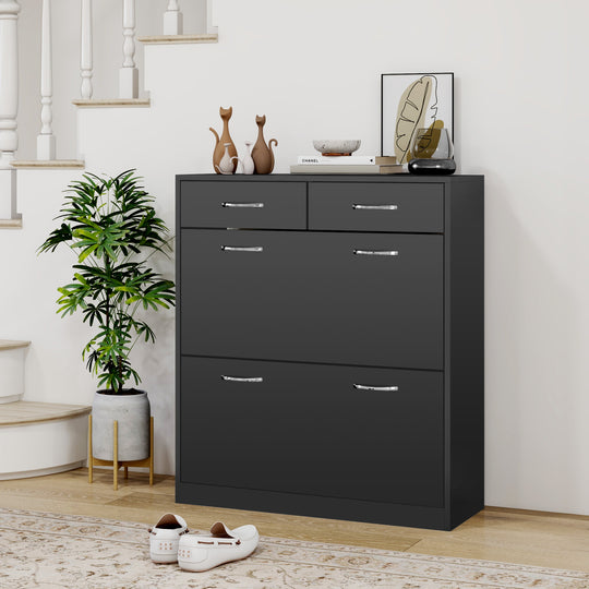 Narrow Shoe Storage with 2 Flip Drawers and Adjustable Shelves Shoe Cabinet Organizer for 12 Pairs of Shoes, Black
