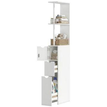 Tall Bathroom Storage Cabinet, Narrow Bathroom Cabinet with Drawers and Open Shelves for Small Spaces, White