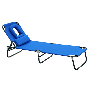 Folding Outdoor Lounge Chair, Portable Reclining Beach Lounger with Face Hole, Detachable Pillow, 4-Position Adjustable Backrest, For Patio, Garden, Poolside, Blue