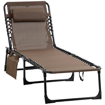 Outdoor Folding Chaise Lounge, Reclining Lounge Chair with Adjustable Backrest and Removable Pillow, Brown