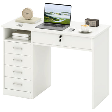 Home Office Desk with Storage, Computer Desk with Lockable Drawer and Open Compartment, White