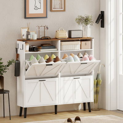 Shoe Storage Cabinet with 4 Flip Drawers, Farmhouse Narrow Shoe Cabinet, Holds Up to 24 Pairs