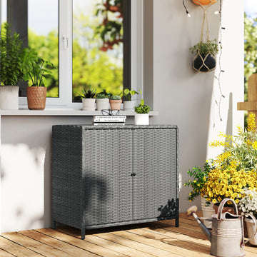 Wicker Outdoor Storage Cabinet Double Magnetic Doors, PE Rattan Outdoor Towel Rack for Pool, Patio, Dark Grey