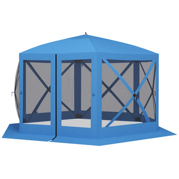 12' x 12' Hexagon Automatic Pop Up Screen Tents Camping Shelter Picnic Canopy Outdoor Sun Shade with Mesh Sidewalls and Carry Bag, Blue
