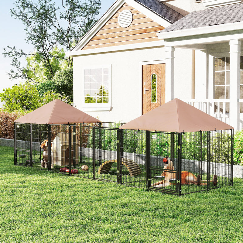 Outdoor Dog Kennel with 2 Rooms, Rotating & Adjustable Height Bowls, Waterproof UV-Resistant Cover, 16.2' x 4.7' x 5.1'