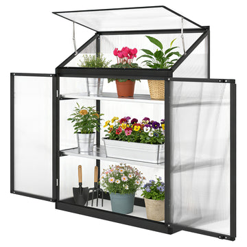 Polycarbonate Greenhouse with 2-Tier Shelves Gardening Green House for Patio Garden, Black