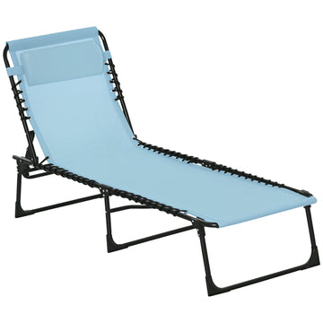 Outdoor Folding Lounge Chair, 4-Level Adjustable Chaise Lounge with Headrest, Tanning Chair Beach Bed, Reclining Lounger Cot for Camping, Hiking, Backyard, Light Blue