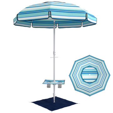 6 ft Portable Beach Umbrella with Foldable Table, Tilting Outdoor Sun Shade with Sand Anchor, Sandbag, Dark Blue