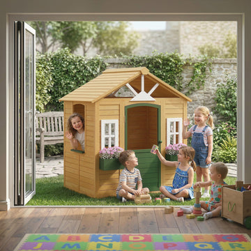 Qaba Outdoor Playhouse, Wooden Kids Playhouse with Door, 3 Windows, 2 Flower Boxes for Garden, Indoor Playroom, Ages 3–8, Brown