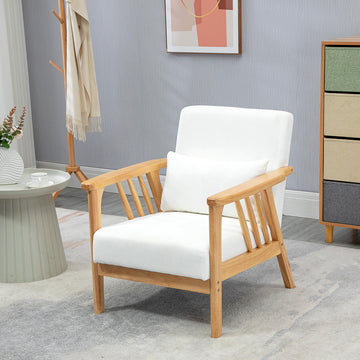 Armchair Upholstered Lounge Chair with Rubber Wood Frame Throw Pillows and Comfortable Cushion, White