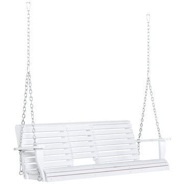 2 to 3 Seater Porch Swing Wood Patio Swing Chair Swing Bench with Foldable Table, Cup Holders, Steel Chains, White