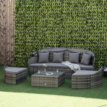 4 Pieces Patio PE Wicker Round Daybed with Retractable Canopy, Include 1 3-person sofa, 2 sofas with armrest, 1 ottoman, Grey