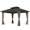 10' x 12' Hardtop Gazebo, Sun Shelter with Double Tier Metal Roof, Mosquito Netting, and Hanging Hook, Dark