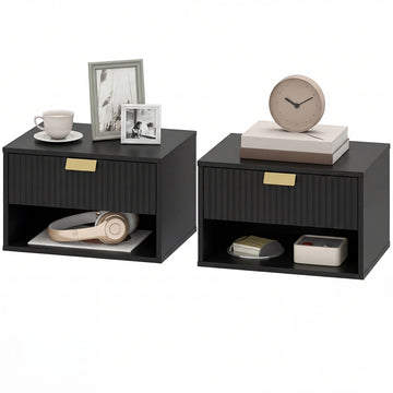 Set of 2 Wall Mounted Bedside Tables, Floating Nightstands with Fluted Drawer and Open Shelf for Bedroom, White
