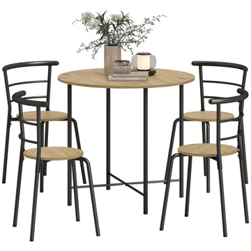 5 Piece Dining Table Set, Space Saving Round Dining Set for 4 with Metal Frame for Small Spaces, Natural