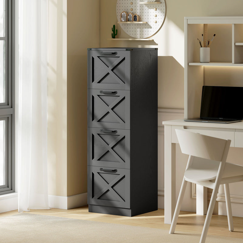 4 Drawer File Cabinet with Silent Slides, Vertical Farmhouse Filing Cabinet Fits Letter/A4 Size Home Office, Black