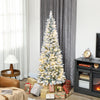 6ft Flocked Christmas Tree with Dual Colour LED Light, Pencil Hinged Xmas Tree with 11 Light Modes, Easy Assembly