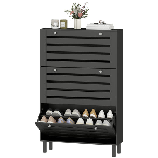 Narrow Shoe Storage Cabinet, 3 Flip Drawers, Adjustable Shelves, 18-24 Pairs Capacity, White