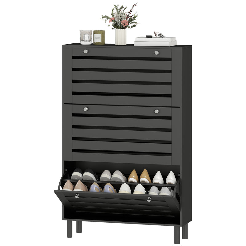 Narrow Shoe Storage Cabinet, 3 Flip Drawers, Adjustable Shelves, 18-24 Pairs Capacity, White