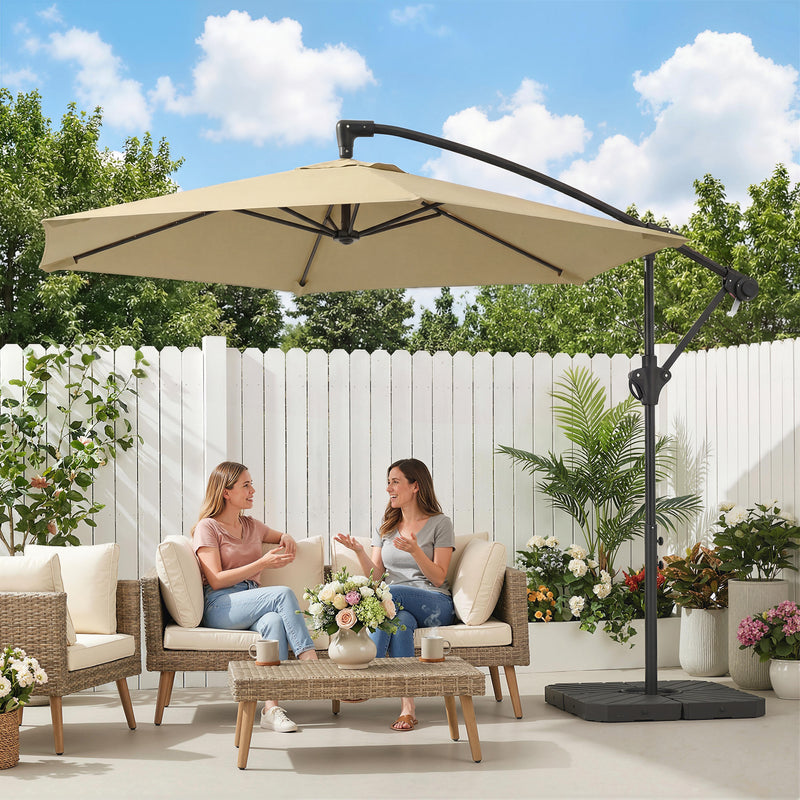 9.7 ft Offset Patio Umbrella with Water/Sand Fillable Weights, Garden Hanging Parasol with Locking Latch, Khaki