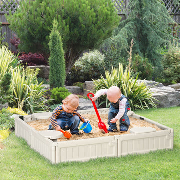 Kids Outdoor Sandbox with Canopy, Bottom Fabric Liner, Cream White