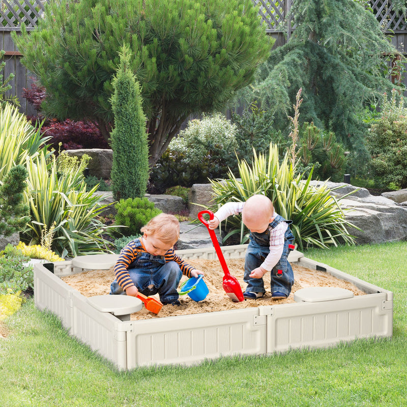 Kids Outdoor Sandbox with Canopy, Bottom Fabric Liner, Cream White