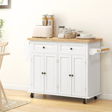 Rolling Kitchen Island with Rubber Wood Top and Storage, Spice Rack, Towel Rack, Cream White