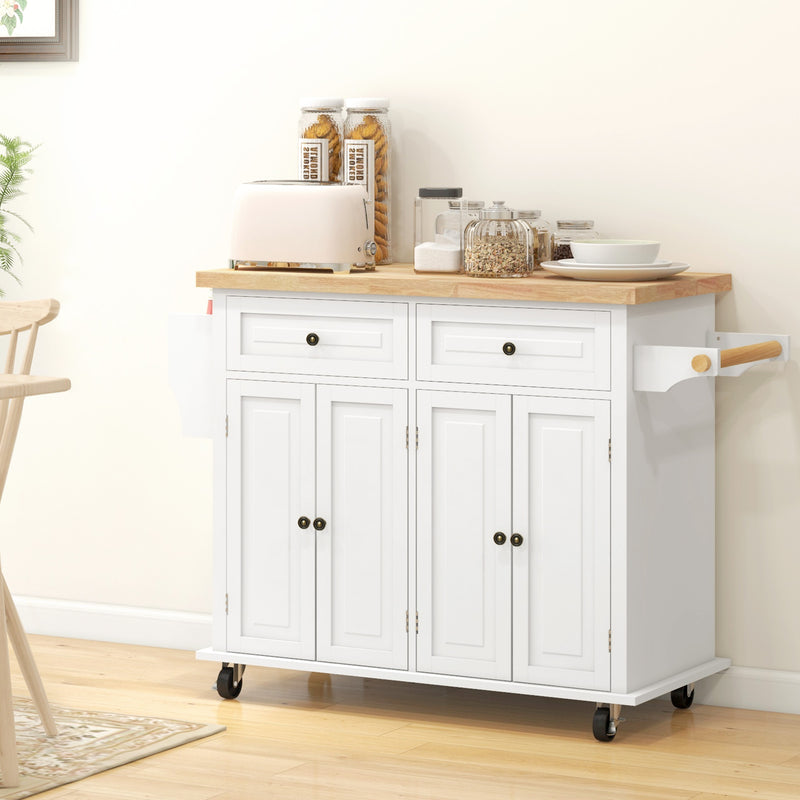 Rolling Kitchen Island with Rubber Wood Top and Storage, Spice Rack, Towel Rack, Cream White