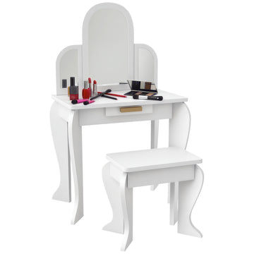 Qaba Kids Dressing Table and Chair Set, Girls Dressing Set, Makeup Desk with Drawer for 3-6 Years Old Kids, Pink