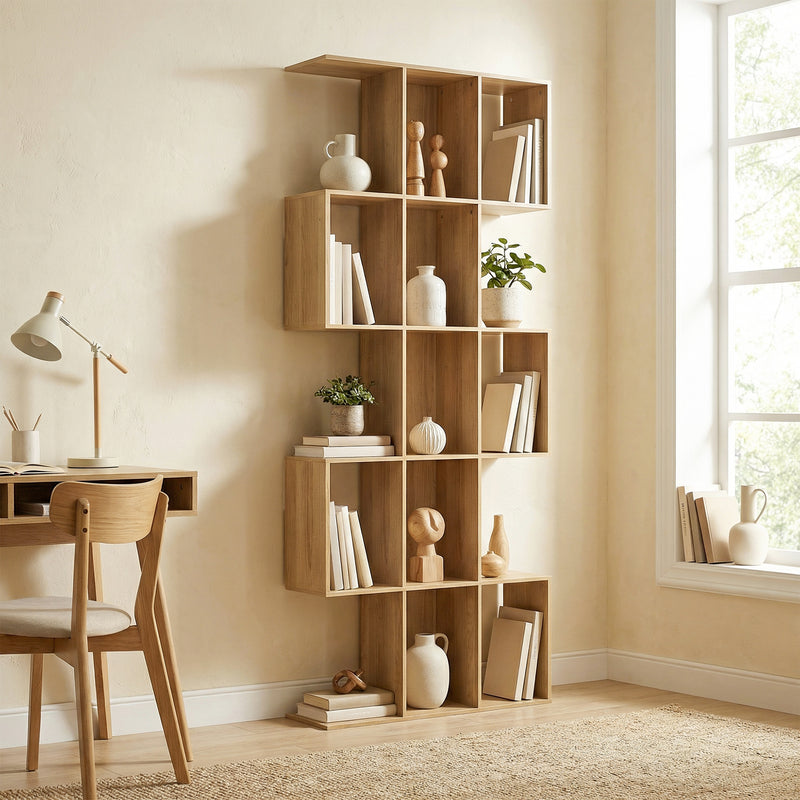 5-Tier Bookshelf, S Shaped Geometric Bookcase with 15 Compartments, Oak