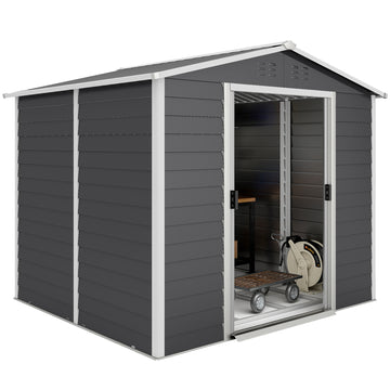 8' x 7' Outdoor Storage Shed, Galvanized Steel Metal Garden Shed with Lockable Doors, Floor Frame, Vents, Lock and Gloves for Backyard, Lawn, Patio, Dark Grey