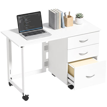 Computer Desk Foldable Top Office Desk 3 Drawers, 4 Lockable Wheels, White Wood Grain