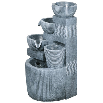 Solar Powered Outdoor Water Fountain, 4-Tier Floor Standing Resin Cascading Bowls Waterfall Fountain with LED Lights