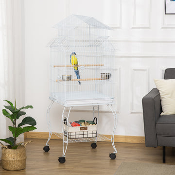 53.9'' Large Rolling Steel Bird Cage Bird House with Detachable Rolling Stand, Storage Shelf, Wood Perch, Food Container, White