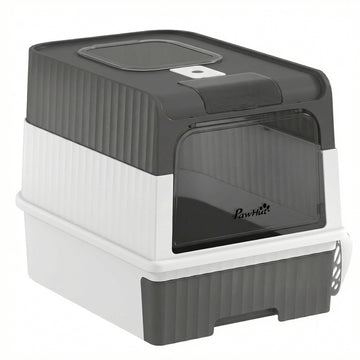 Cat Litter Box with Lid, Enclosed Kitty Litter Box with Pull-Out Drawer Tray, Scoop, 4 Deodorization Bags, Grey