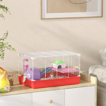 18.5'' Hamster Cage with Exercise Wheel and Water Bottle Dishes, Rat House and Habitats 2 Storey Design, Red