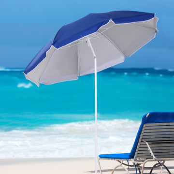 6.7ft Beach Umbrella with Push Button Tilt, Ruffled Outdoor Umbrella with Carry Bag and 8 Ribs, Blue