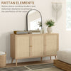 Kitchen Sideboard Cabinet, Boho Storage Cabinet with Shelves, Wood Legs, Decorative Rattan Doors, Black