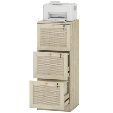 3 Drawer Filing Cabinet with Lock, Boho File Cabinet for A4 Letter Size Files with Decorative Rattan Accents, Oak