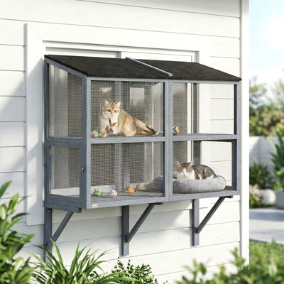 Catio Outdoor Cat Enclosure Wall-Mounted 2-Level Outdoor Cat House with Waterproof Roof 39.4